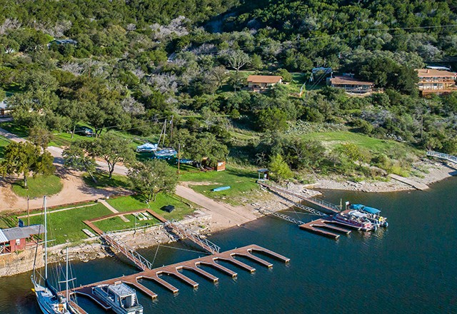 Aerial view of the Thunderbird Lodge marina on Lake Buchanan